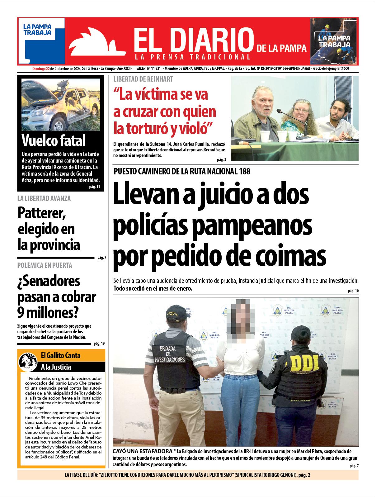 Tapa de El Diario en papel  domingo 22 de diciembre de 2024